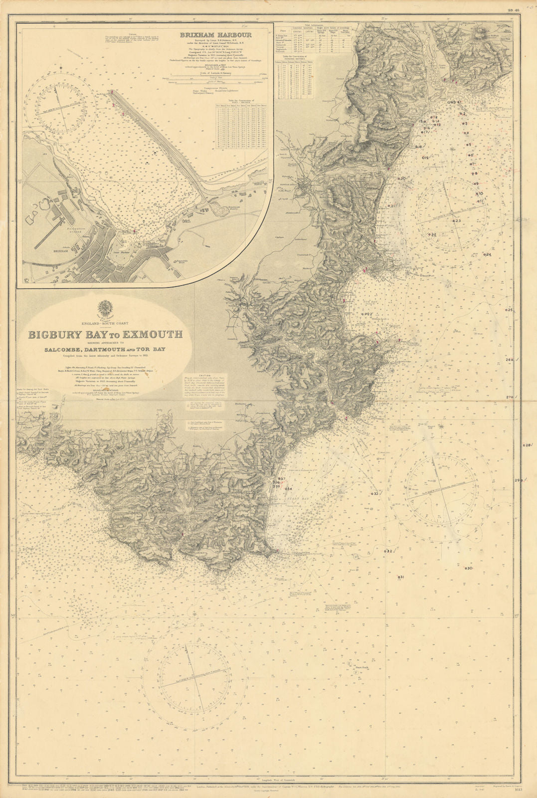 South Devon coast Salcombe Dartmouth Torbay ADMIRALTY sea chart 1891 (1948) map